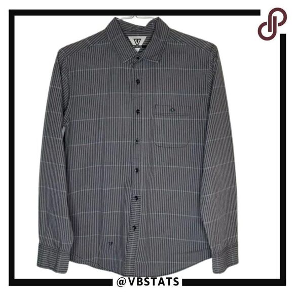 Medium Vissla Charcoal-Gray Striped LS Button Down Shirt - Picture 1 of 7